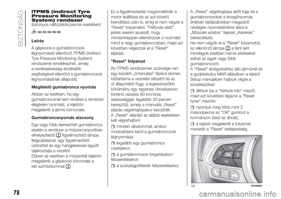 FIAT 500L 2019  Kezelési és karbantartási útmutató (in Hungarian) iTPMS (indirect Tyre
Pressure Monitoring
System) rendszer
(bizonyos változatok/piacok esetében)
32) 33) 34) 35) 36)
Leírás
A gépkocsi a gumiabroncsok
légnyomását ellenőrző iTPMS (Indirect
Ty