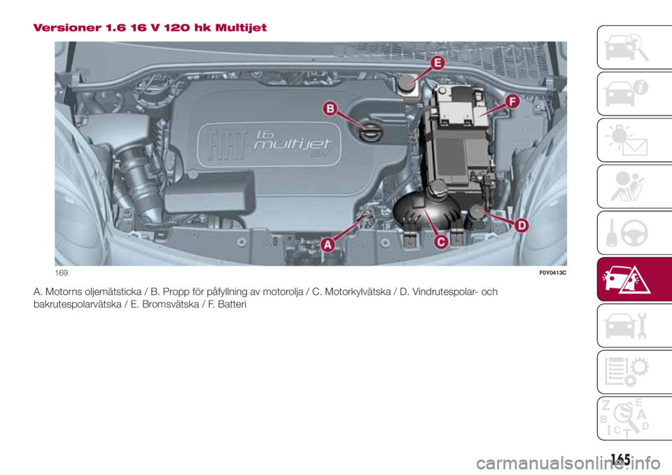 FIAT 500L 2018 Drift- och underhållshandbok (in Swedish) Versioner 1.6 16 V 120 hk Multijet
A. Motorns oljemätsticka / B. Propp för påfyllning av motorolja / C. Motorkylvätska / D. Vindrutespolar- och
bakrutespolarvätska / E. Bromsvätska / F. Batteri
FIAT 500L 2018 Drift- och underhållshandbok (in Swedish) Versioner 1.6 16 V 120 hk Multijet
A. Motorns oljemätsticka / B. Propp för påfyllning av motorolja / C. Motorkylvätska / D. Vindrutespolar- och
bakrutespolarvätska / E. Bromsvätska / F. Batteri