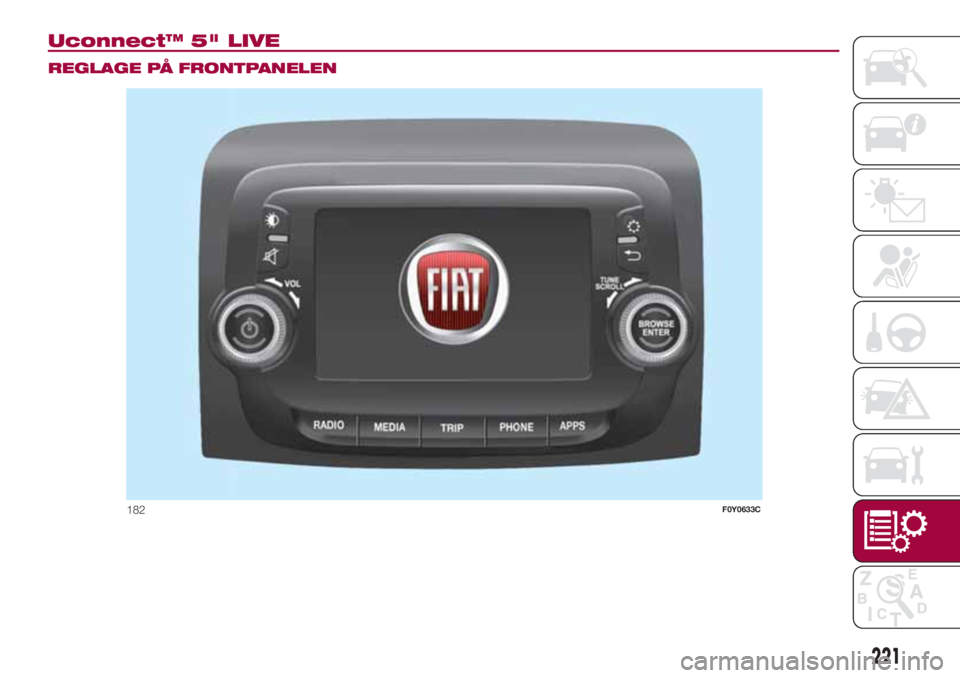 FIAT 500L 2018  Drift- och underhållshandbok (in Swedish) Uconnect™ 5" LIVE.
REGLAGE PÅ FRONTPANELEN
182F0Y0633C
221 