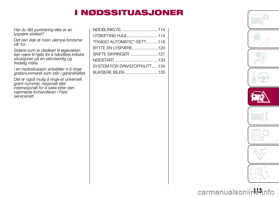 FIAT 500L 2018 Drift- og vedlikeholdshåndbok (in Norwegian) I NØDSSITUASJONER
Har du fått punktering eller er en
lyspære slokket?
Det kan skje at noen ulempe forstyrrer
vår tur.
Sidene som er dedikert til legevakten
kan være til hjelp for å håndtere kri FIAT 500L 2018 Drift- og vedlikeholdshåndbok (in Norwegian) I NØDSSITUASJONER
Har du fått punktering eller er en
lyspære slokket?
Det kan skje at noen ulempe forstyrrer
vår tur.
Sidene som er dedikert til legevakten
kan være til hjelp for å håndtere kri
