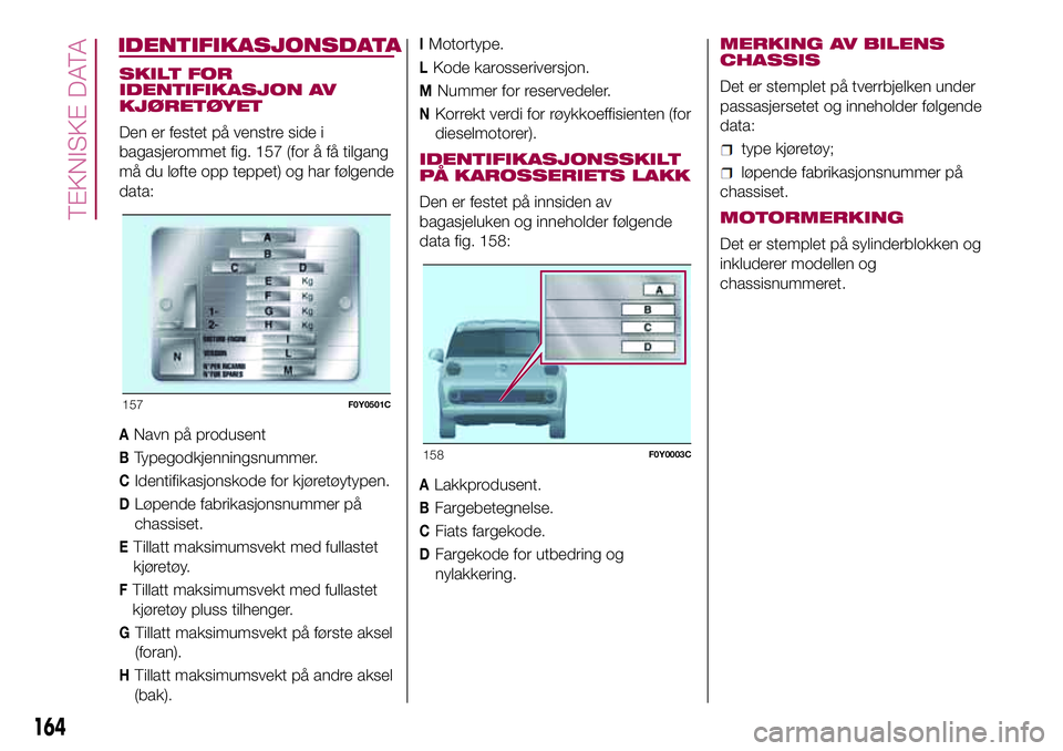 FIAT 500L 2018 Drift- og vedlikeholdshåndbok (in Norwegian) IDENTIFIKASJONSDATA
SKILT FOR
IDENTIFIKASJON AV
KJØRETØYET
Den er festet på venstre side i
bagasjerommet fig. 157 (for å få tilgang
må du løfte opp teppet) og har følgende
data:
ANavn på prod FIAT 500L 2018 Drift- og vedlikeholdshåndbok (in Norwegian) IDENTIFIKASJONSDATA
SKILT FOR
IDENTIFIKASJON AV
KJØRETØYET
Den er festet på venstre side i
bagasjerommet fig. 157 (for å få tilgang
må du løfte opp teppet) og har følgende
data:
ANavn på prod