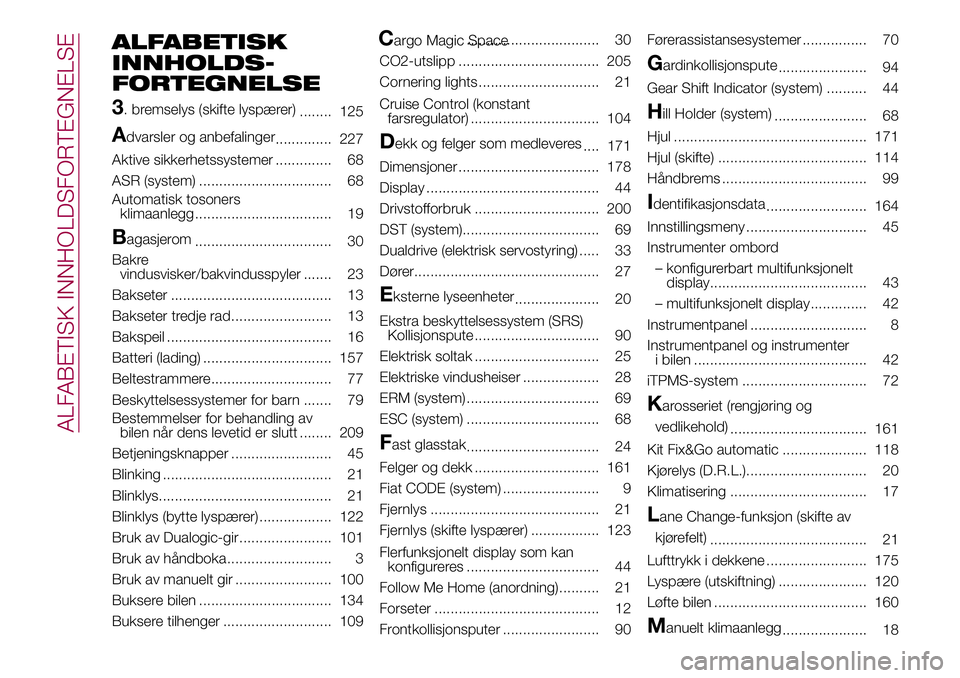 FIAT 500L 2018 Drift- og vedlikeholdshåndbok (in Norwegian) ALFABETISK
INNHOLDS-
3
. bremselys (skifte lyspærer)
........ 125
Advarsler og anbefalinger
.............. 227
Aktive sikkerhetssystemer .............. 68
ASR (system) ............................... FIAT 500L 2018 Drift- og vedlikeholdshåndbok (in Norwegian) ALFABETISK
INNHOLDS-
3
. bremselys (skifte lyspærer)
........ 125
Advarsler og anbefalinger
.............. 227
Aktive sikkerhetssystemer .............. 68
ASR (system) ...............................