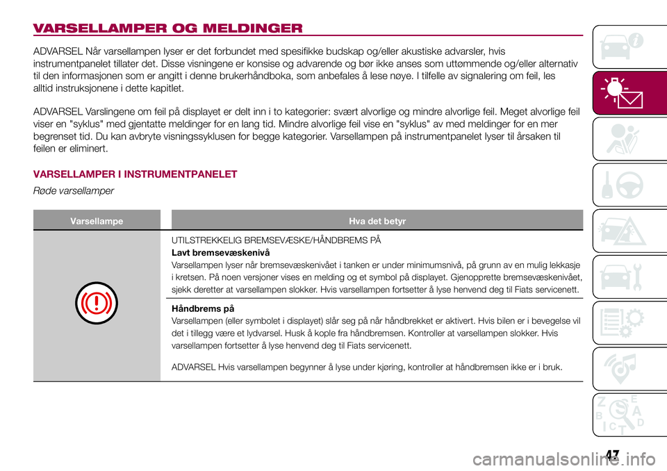 FIAT 500L 2018  Drift- og vedlikeholdshåndbok (in Norwegian) VARSELLAMPER OG MELDINGER
ADVARSEL Når varsellampen lyser er det forbundet med spesifikke budskap og/eller akustiske advarsler, hvis
instrumentpanelet tillater det. Disse visningene er konsise og adv