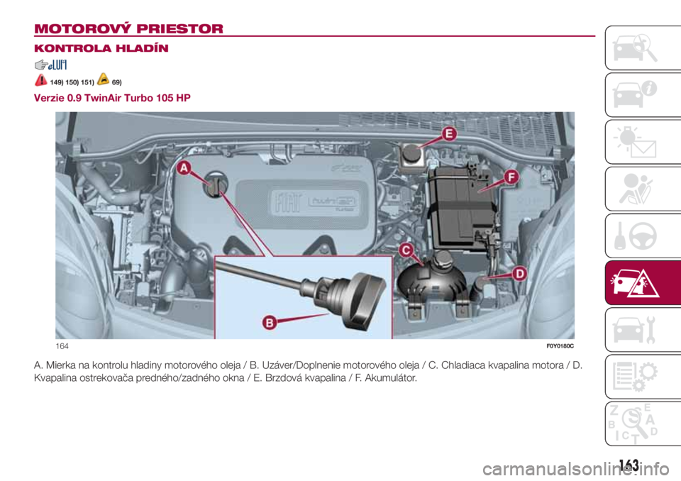 FIAT 500L 2018  Návod na použitie a údržbu (in Slovak) MOTOROVÝ PRIESTOR.
KONTROLA HLADÍN
149) 150) 151)69)
Verzie 0.9 TwinAir Turbo 105 HP
A. Mierka na kontrolu hladiny motorového oleja / B. Uzáver/Doplnenie motorového oleja / C. Chladiaca kvapalina