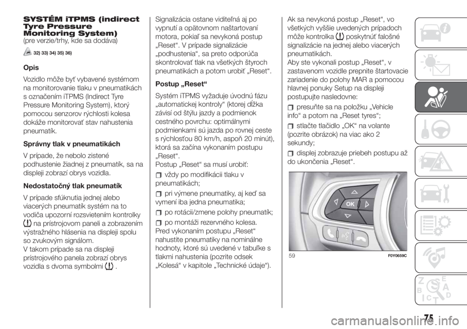 FIAT 500L 2019  Návod na použitie a údržbu (in Slovak) SYSTÉM iTPMS (indirect
Tyre Pressure
Monitoring System)
(pre verzie/trhy, kde sa dodáva)
32) 33) 34) 35) 36)
Opis
Vozidlo môže byť vybavené systémom
na monitorovanie tlaku v pneumatikách
s ozn