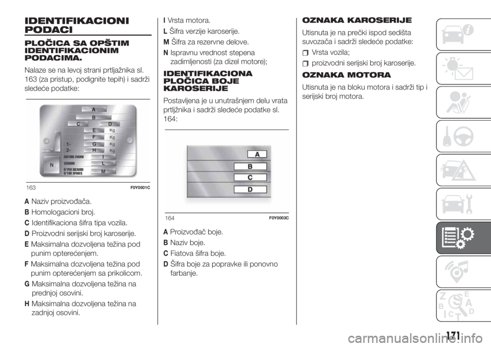 FIAT 500L 2019  Knjižica za upotrebu i održavanje (in Serbian) IDENTIFIKACIONI
PODACI
PLOČICA SA OPŠTIM
IDENTIFIKACIONIM
PODACIMA.
Nalaze se na levoj strani prtljažnika sl.
163 (za pristup, podignite tepih) i sadrži
sledeće podatke:
ANaziv proizvođača.
BHo