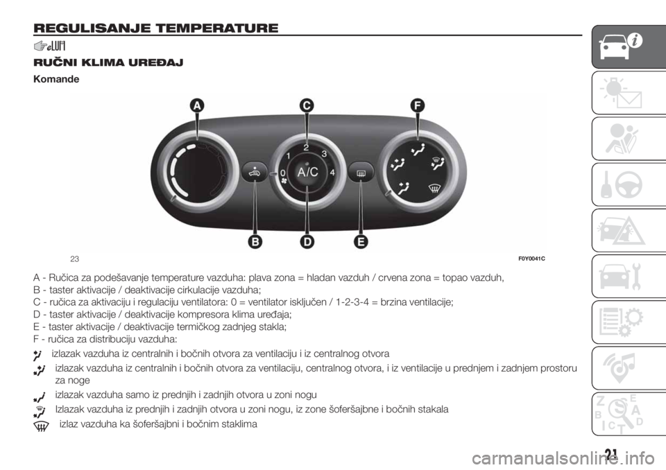 FIAT 500L 2019 Knjižica za upotrebu i održavanje (in Serbian) REGULISANJE TEMPERATURE
.
RUČNI KLIMA UREĐAJ
Komande
A - Ručica za podešavanje temperature vazduha: plava zona = hladan vazduh / crvena zona = topao vazduh,
B - taster aktivacije / deaktivacije ci FIAT 500L 2019 Knjižica za upotrebu i održavanje (in Serbian) REGULISANJE TEMPERATURE
.
RUČNI KLIMA UREĐAJ
Komande
A - Ručica za podešavanje temperature vazduha: plava zona = hladan vazduh / crvena zona = topao vazduh,
B - taster aktivacije / deaktivacije ci