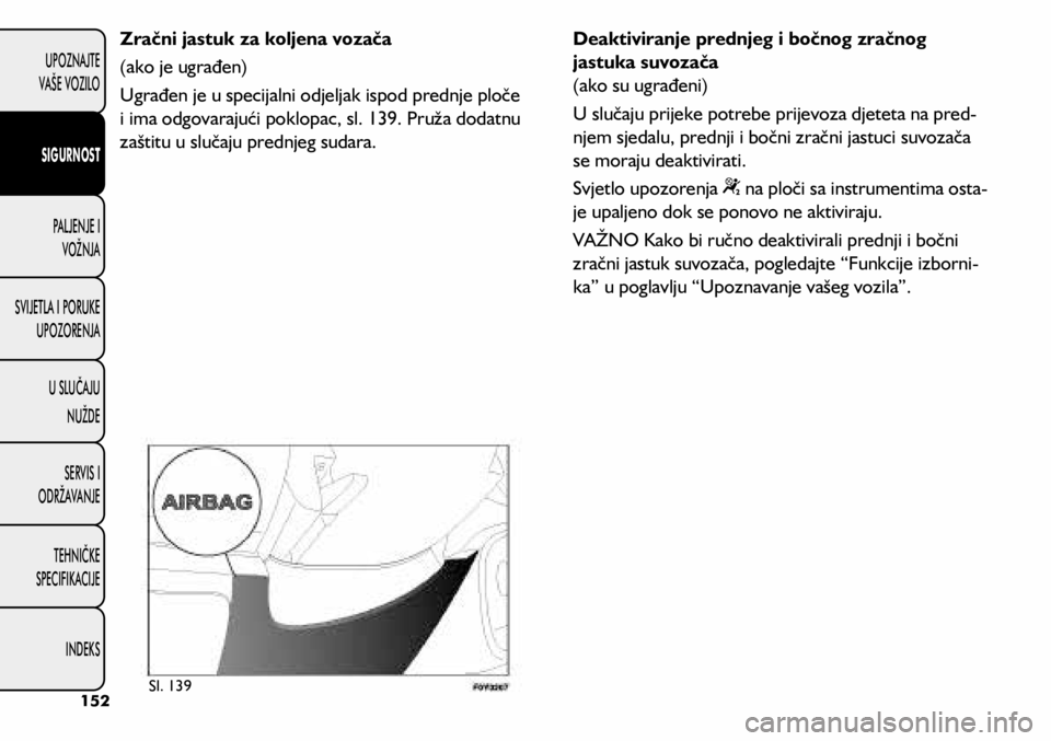 FIAT 500L 2020 Knjižica s uputama za uporabu i održavanje (in Croatian) Zračni jastuk za koljena vozača
(ako je ugrađen)
Ugrađen je u specijalni odjeljak ispod prednje ploče
i ima odgovarajući poklopac, sl. 139. Pruža dodatnu
zaštitu u slučaju prednjeg sudara.D FIAT 500L 2020 Knjižica s uputama za uporabu i održavanje (in Croatian) Zračni jastuk za koljena vozača
(ako je ugrađen)
Ugrađen je u specijalni odjeljak ispod prednje ploče
i ima odgovarajući poklopac, sl. 139. Pruža dodatnu
zaštitu u slučaju prednjeg sudara.D