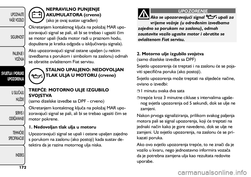 FIAT 500L 2020 Knjižica s uputama za uporabu i održavanje (in Croatian) Ako se upozoravajući signal upali za
vrijeme vožnje (u određenim izvedbama
zajedno sa porukom na zaslonu), odmah
zaustavite vozilo ugasite motor i obratite se
ovlaštenom Fiat servisu.
UPOZORE FIAT 500L 2020 Knjižica s uputama za uporabu i održavanje (in Croatian) Ako se upozoravajući signal upali za
vrijeme vožnje (u određenim izvedbama
zajedno sa porukom na zaslonu), odmah
zaustavite vozilo ugasite motor i obratite se
ovlaštenom Fiat servisu.
UPOZORE