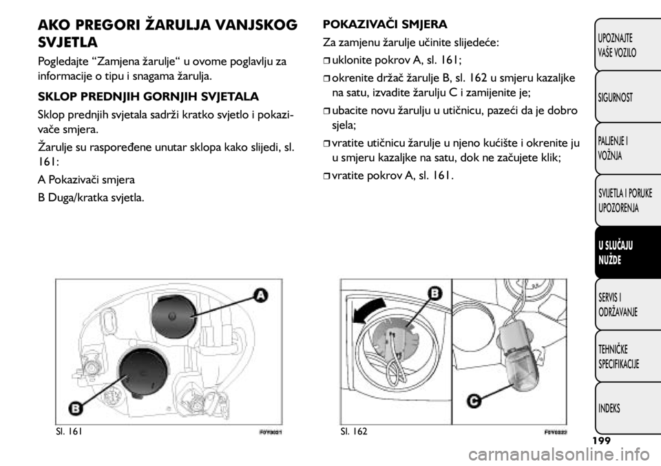 FIAT 500L 2020 Knjižica s uputama za uporabu i održavanje (in Croatian) AKO PREGORI ŽARULJA VANJSKOG
SVJETLA
Pogledajte “Zamjena žarulje“ u ovome poglavlju za
informacije o tipu i snagama žarulja.
SKLOP PREDNJIH GORNJIH SVJETALA
Sklop prednjih svjetala sadrži kr FIAT 500L 2020 Knjižica s uputama za uporabu i održavanje (in Croatian) AKO PREGORI ŽARULJA VANJSKOG
SVJETLA
Pogledajte “Zamjena žarulje“ u ovome poglavlju za
informacije o tipu i snagama žarulja.
SKLOP PREDNJIH GORNJIH SVJETALA
Sklop prednjih svjetala sadrži kr