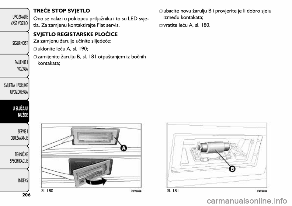 FIAT 500L 2020 Knjižica s uputama za uporabu i održavanje (in Croatian) TREĆE STOP SVJETLO
Ono se nalazi u poklopcu prtljažnika i to su LED svje-
tla. Za zamjenu kontaktirajte Fiat servis.
SVJETLO REGISTARSKE PLOČICE
Za zamjenu žarulje učinite slijedeće:
uk FIAT 500L 2020 Knjižica s uputama za uporabu i održavanje (in Croatian) TREĆE STOP SVJETLO
Ono se nalazi u poklopcu prtljažnika i to su LED svje-
tla. Za zamjenu kontaktirajte Fiat servis.
SVJETLO REGISTARSKE PLOČICE
Za zamjenu žarulje učinite slijedeće:
uk