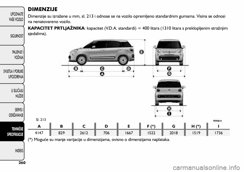 FIAT 500L 2020  Knjižica s uputama za uporabu i održavanje (in Croatian) DIMENZIJE
Dimenzije su izražene u mm, sl. 213 i odnose se na vozilo opremljeno standardnim gumama. Visina se odnosi 
na nenatovareno vozilo.
KAPACITET PRTLJAŽNIKA: kapacitet (V.D.A. standardi) = 400