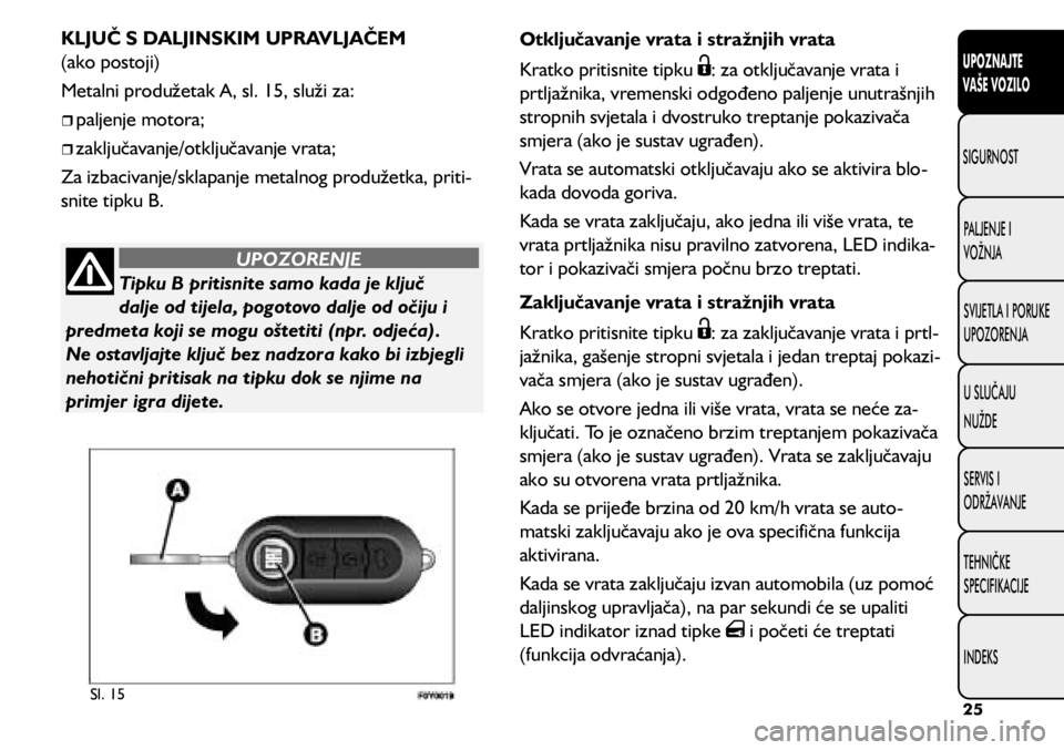 FIAT 500L 2020 Knjižica s uputama za uporabu i održavanje (in Croatian) Sl. 15
KLJUČ S DALJINSKIM UPRAVLJAČEM
(ako postoji)
Metalni produžetak A, sl. 15, služi za:
paljenje motora;
zaključavanje/otključavanje vrata;
Za izbacivanje/sklapanje metalnog FIAT 500L 2020 Knjižica s uputama za uporabu i održavanje (in Croatian) Sl. 15
KLJUČ S DALJINSKIM UPRAVLJAČEM
(ako postoji)
Metalni produžetak A, sl. 15, služi za:
paljenje motora;
zaključavanje/otključavanje vrata;
Za izbacivanje/sklapanje metalnog