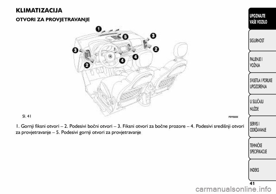 FIAT 500L 2020  Knjižica s uputama za uporabu i održavanje (in Croatian) Sl. 41
KLIMATIZACIJA
OTVORI ZA PROVJETRAVANJE
1. Gornji fiksni otvori – 2. Podesivi bočni otvori – 3. Fiksni otvori za bočne prozore – 4. Podesivi središnji otvori 
za provjetravanje – 5. P