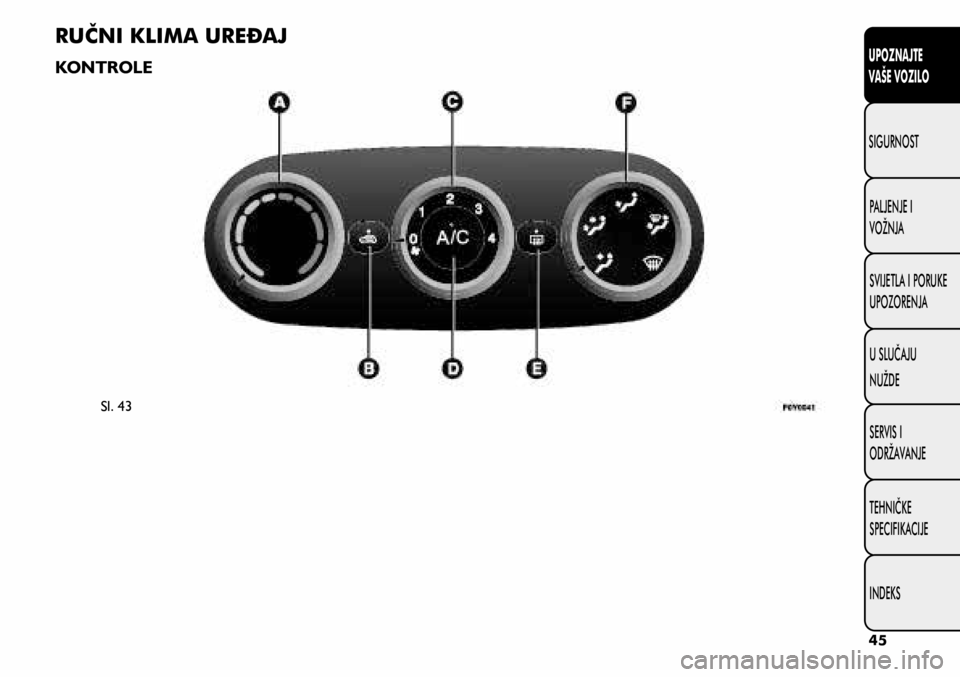FIAT 500L 2020  Knjižica s uputama za uporabu i održavanje (in Croatian) RUČNI KLIMA UREĐAJ
KONTROLE
Sl. 43
45
UPOZNAJTE  
VAŠE VOZILO
SIGURNOST 
PALJENJE I 
VOŽNJA
SVIJETLA I PORUKE 
UPOZORENJA
U SLUČAJU
NUŽDE
TE�+NIČKE 
SPECIFIKACIJE SERVIS I 
ODRŽAVANJE
INDEKS  