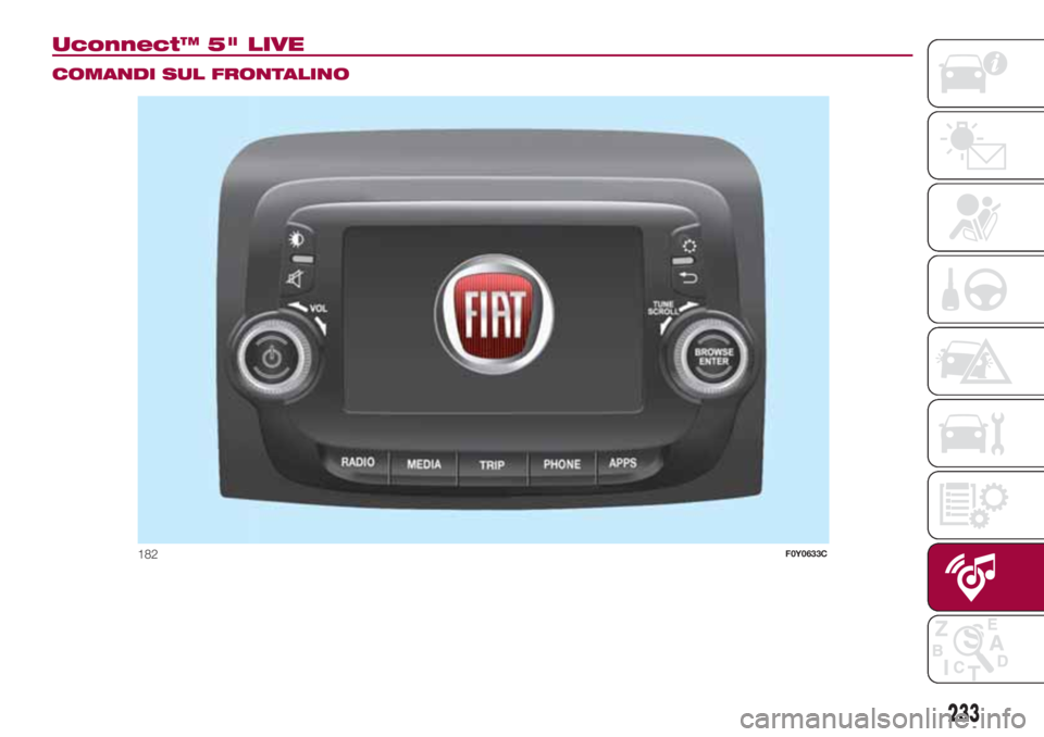 FIAT 500L LIVING 2018 Libretto Uso Manutenzione (in Italian) Uconnect™ 5" LIVE.
COMANDI SUL FRONTALINO
182F0Y0633C
233 FIAT 500L LIVING 2018 Libretto Uso Manutenzione (in Italian) Uconnect™ 5" LIVE.
COMANDI SUL FRONTALINO
182F0Y0633C
233