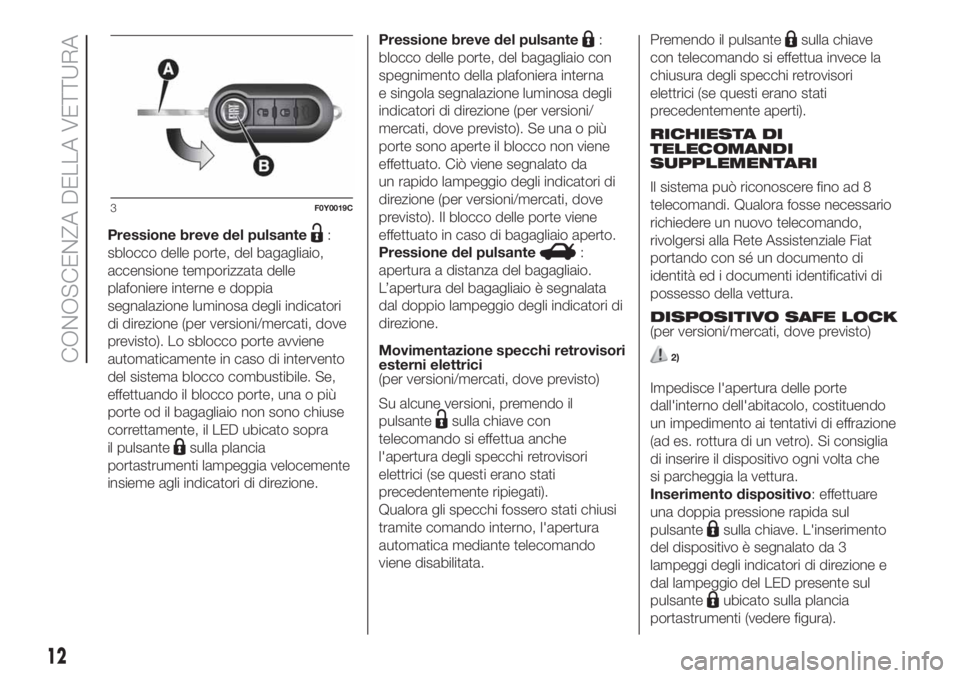 FIAT 500L LIVING 2019 Libretto Uso Manutenzione (in Italian) Pressione breve del pulsante:
sblocco delle porte, del bagagliaio,
accensione temporizzata delle
plafoniere interne e doppia
segnalazione luminosa degli indicatori
di direzione (per versioni/mercati, FIAT 500L LIVING 2019 Libretto Uso Manutenzione (in Italian) Pressione breve del pulsante:
sblocco delle porte, del bagagliaio,
accensione temporizzata delle
plafoniere interne e doppia
segnalazione luminosa degli indicatori
di direzione (per versioni/mercati,