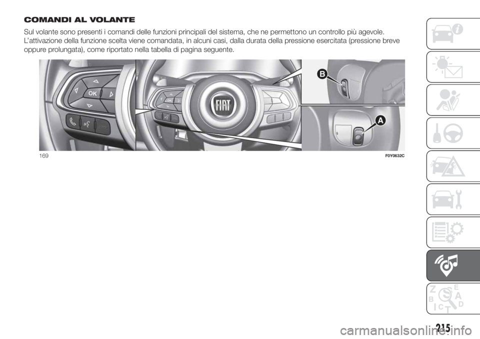 FIAT 500L LIVING 2019 Libretto Uso Manutenzione (in Italian) COMANDI AL VOLANTE
Sul volante sono presenti i comandi delle funzioni principali del sistema, che ne permettono un controllo più agevole.
L’attivazione della funzione scelta viene comandata, in alc FIAT 500L LIVING 2019 Libretto Uso Manutenzione (in Italian) COMANDI AL VOLANTE
Sul volante sono presenti i comandi delle funzioni principali del sistema, che ne permettono un controllo più agevole.
L’attivazione della funzione scelta viene comandata, in alc