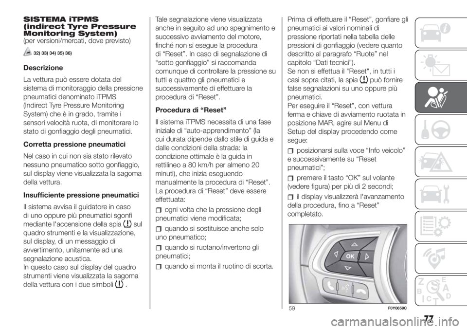 FIAT 500L LIVING 2019 Libretto Uso Manutenzione (in Italian) SISTEMA iTPMS
(indirect Tyre Pressure
Monitoring System)
(per versioni/mercati, dove previsto)
32) 33) 34) 35) 36)
Descrizione
La vettura può essere dotata del
sistema di monitoraggio della pressione FIAT 500L LIVING 2019 Libretto Uso Manutenzione (in Italian) SISTEMA iTPMS
(indirect Tyre Pressure
Monitoring System)
(per versioni/mercati, dove previsto)
32) 33) 34) 35) 36)
Descrizione
La vettura può essere dotata del
sistema di monitoraggio della pressione