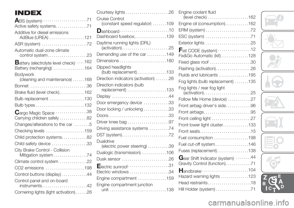 FIAT 500L LIVING 2019 Owner handbook (in English) INDEX
A
BS (system).......................71
Active safety systems................71
Additive for diesel emissions
AdBlue (UREA)..................121
ASR (system).......................72
Automatic du FIAT 500L LIVING 2019 Owner handbook (in English) INDEX
A
BS (system).......................71
Active safety systems................71
Additive for diesel emissions
AdBlue (UREA)..................121
ASR (system).......................72
Automatic du