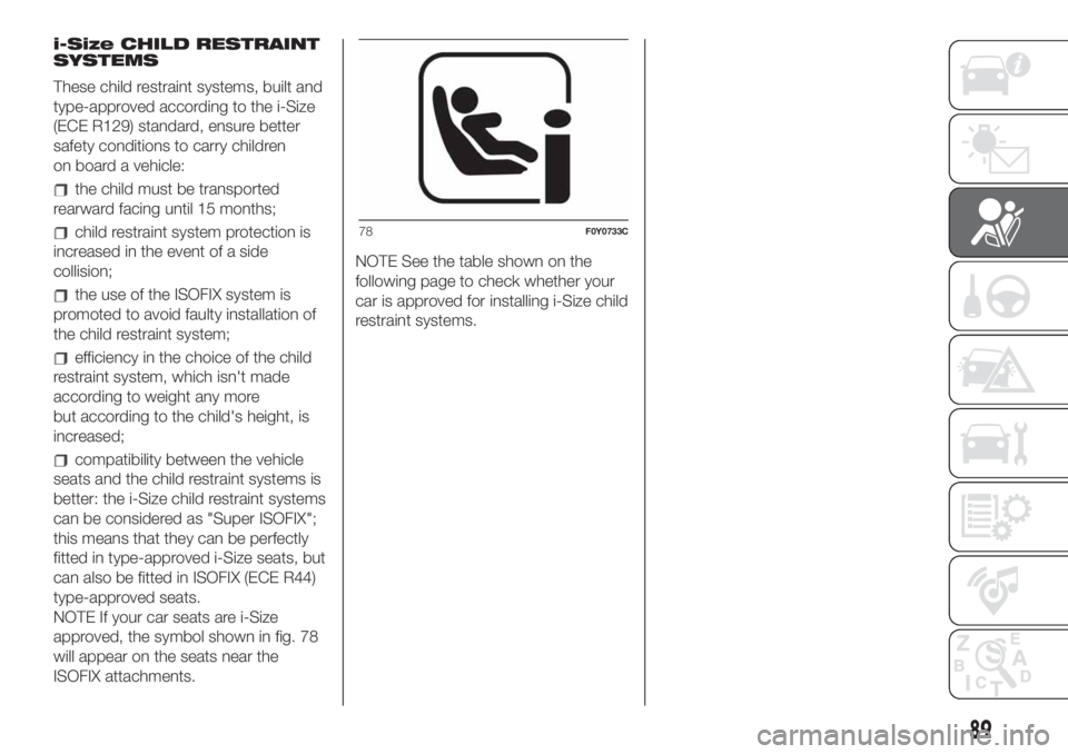 FIAT 500L LIVING 2019 Owner handbook (in English) i-Size CHILD RESTRAINT
SYSTEMS
These child restraint systems, built and
type-approved according to the i-Size
(ECE R129) standard, ensure better
safety conditions to carry children
on board a vehicle: FIAT 500L LIVING 2019 Owner handbook (in English) i-Size CHILD RESTRAINT
SYSTEMS
These child restraint systems, built and
type-approved according to the i-Size
(ECE R129) standard, ensure better
safety conditions to carry children
on board a vehicle: