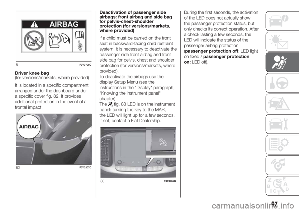 FIAT 500L LIVING 2019  Owner handbook (in English) Driver knee bag
(for versions/markets, where provided)
It is located in a specific compartment
arranged under the dashboard under
a specific cover fig. 82. It provides
additional protection in the eve