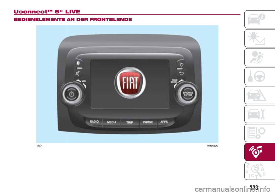 FIAT 500L LIVING 2018 Betriebsanleitung (in German) Uconnect™ 5" LIVE.
BEDIENELEMENTE AN DER FRONTBLENDE
182F0Y0633C
233 FIAT 500L LIVING 2018 Betriebsanleitung (in German) Uconnect™ 5" LIVE.
BEDIENELEMENTE AN DER FRONTBLENDE
182F0Y0633C
233