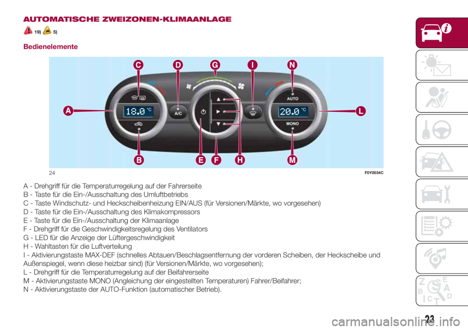 FIAT 500L LIVING 2018 Betriebsanleitung (in German) AUTOMATISCHE ZWEIZONEN-KLIMAANLAGE
19)5)
Bedienelemente
A - Drehgriff für die Temperaturregelung auf der Fahrerseite
B - Taste für die Ein-/Ausschaltung des Umluftbetriebs
C - Taste Windschutz- und FIAT 500L LIVING 2018 Betriebsanleitung (in German) AUTOMATISCHE ZWEIZONEN-KLIMAANLAGE
19)5)
Bedienelemente
A - Drehgriff für die Temperaturregelung auf der Fahrerseite
B - Taste für die Ein-/Ausschaltung des Umluftbetriebs
C - Taste Windschutz- und