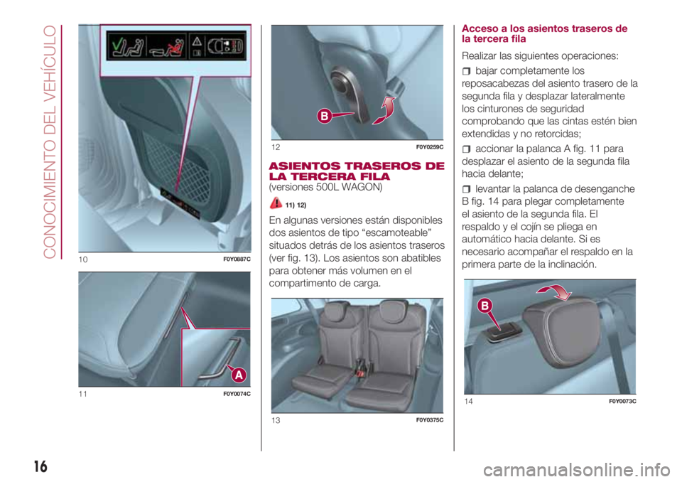 FIAT 500L LIVING 2018  Manual de Empleo y Cuidado (in Spanish) ASIENTOS TRASEROS DE
LA TERCERA FILA
(versiones 500L WAGON)
11) 12)
En algunas versiones están disponibles
dos asientos de tipo “escamoteable”
situados detrás de los asientos traseros
(ver fig. 