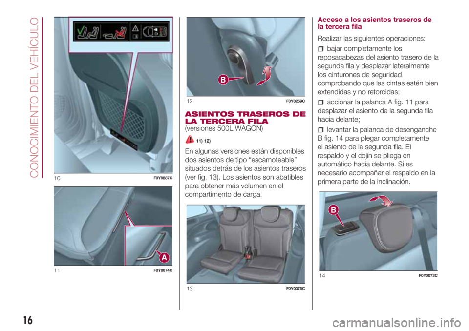 FIAT 500L LIVING 2018 Manual de Empleo y Cuidado (in Spanish) ASIENTOS TRASEROS DE
LA TERCERA FILA
(versiones 500L WAGON)
11) 12)
En algunas versiones están disponibles
dos asientos de tipo “escamoteable”
situados detrás de los asientos traseros
(ver fig. FIAT 500L LIVING 2018 Manual de Empleo y Cuidado (in Spanish) ASIENTOS TRASEROS DE
LA TERCERA FILA
(versiones 500L WAGON)
11) 12)
En algunas versiones están disponibles
dos asientos de tipo “escamoteable”
situados detrás de los asientos traseros
(ver fig.