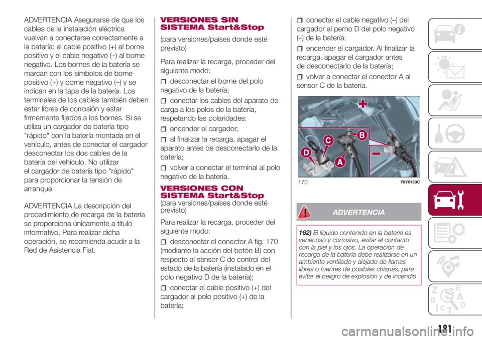 FIAT 500L LIVING 2018 Manual de Empleo y Cuidado (in Spanish) ADVERTENCIA Asegurarse de que los
cables de la instalación eléctrica
vuelvan a conectarse correctamente a
la batería: el cable positivo (+) al borne
positivo y el cable negativo (–) al borne
nega FIAT 500L LIVING 2018 Manual de Empleo y Cuidado (in Spanish) ADVERTENCIA Asegurarse de que los
cables de la instalación eléctrica
vuelvan a conectarse correctamente a
la batería: el cable positivo (+) al borne
positivo y el cable negativo (–) al borne
nega