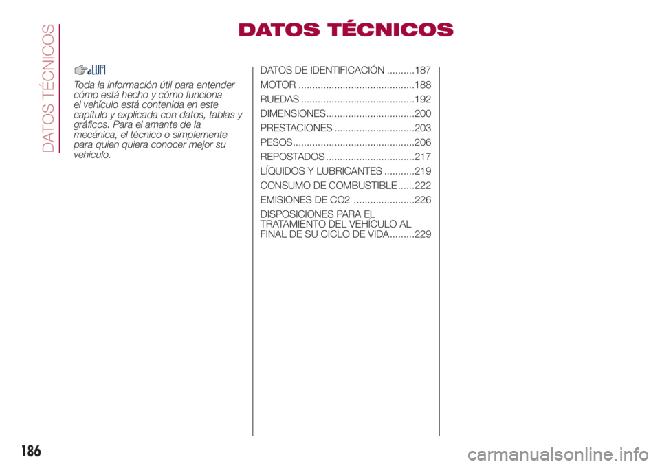 FIAT 500L LIVING 2018 Manual de Empleo y Cuidado (in Spanish) DATOS TÉCNICOS
Toda la información útil para entender
cómo está hecho y cómo funciona
el vehículo está contenida en este
capítulo y explicada con datos, tablas y
gráficos. Para el amante de FIAT 500L LIVING 2018 Manual de Empleo y Cuidado (in Spanish) DATOS TÉCNICOS
Toda la información útil para entender
cómo está hecho y cómo funciona
el vehículo está contenida en este
capítulo y explicada con datos, tablas y
gráficos. Para el amante de