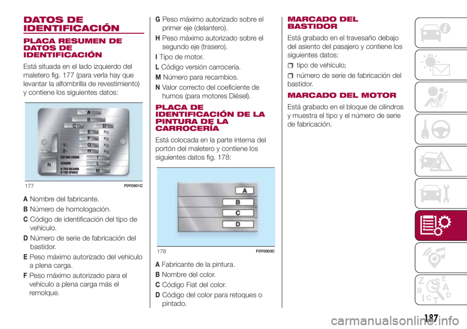 FIAT 500L LIVING 2018 Manual de Empleo y Cuidado (in Spanish) DATOS DE
IDENTIFICACIÓN
PLACA RESUMEN DE
DATOS DE
IDENTIFICACIÓN
Está situada en el lado izquierdo del
maletero fig. 177 (para verla hay que
levantar la alfombrilla de revestimiento)
y contiene los FIAT 500L LIVING 2018 Manual de Empleo y Cuidado (in Spanish) DATOS DE
IDENTIFICACIÓN
PLACA RESUMEN DE
DATOS DE
IDENTIFICACIÓN
Está situada en el lado izquierdo del
maletero fig. 177 (para verla hay que
levantar la alfombrilla de revestimiento)
y contiene los