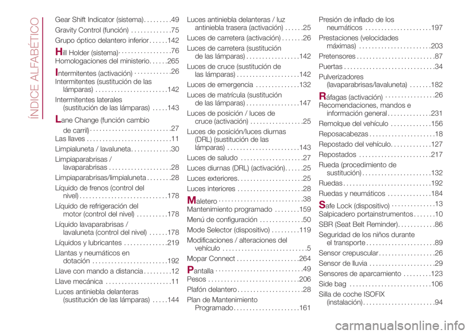 FIAT 500L LIVING 2018  Manual de Empleo y Cuidado (in Spanish) Gear Shift Indicator (sistema).........49
Gravity Control (función).............75
Grupo óptico delantero inferior......142
Hill Holder (sistema).................76
Homologaciones del ministerio....