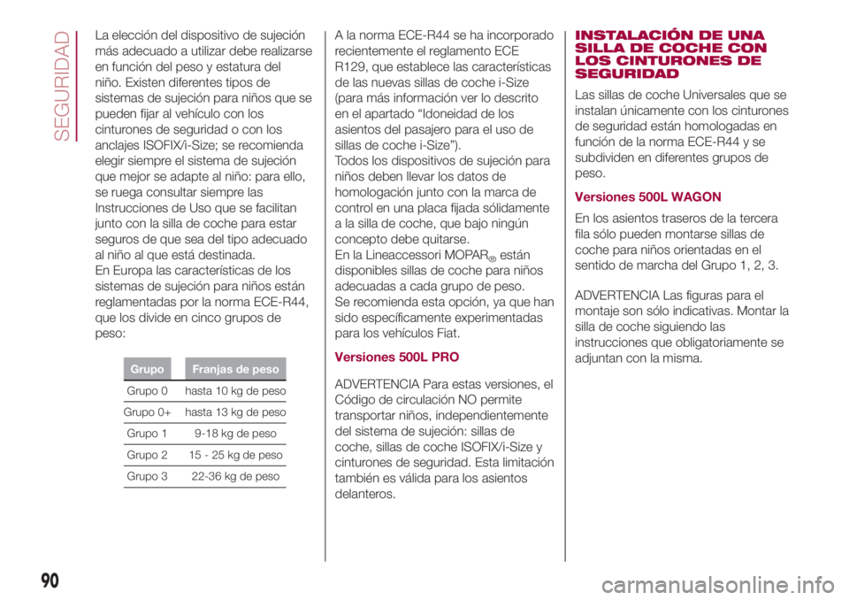 FIAT 500L LIVING 2018 Manual de Empleo y Cuidado (in Spanish) La elección del dispositivo de sujeción
más adecuado a utilizar debe realizarse
en función del peso y estatura del
niño. Existen diferentes tipos de
sistemas de sujeción para niños que se
puede FIAT 500L LIVING 2018 Manual de Empleo y Cuidado (in Spanish) La elección del dispositivo de sujeción
más adecuado a utilizar debe realizarse
en función del peso y estatura del
niño. Existen diferentes tipos de
sistemas de sujeción para niños que se
puede