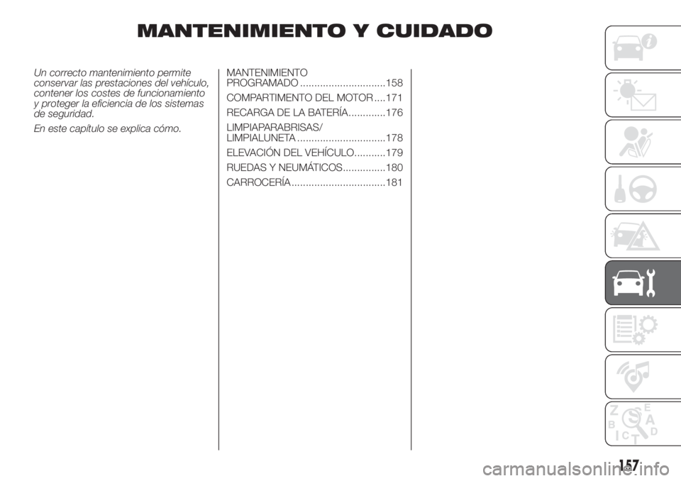 FIAT 500L LIVING 2019 Manual de Empleo y Cuidado (in Spanish) MANTENIMIENTO Y CUIDADO
Un correcto mantenimiento permite
conservar las prestaciones del vehículo,
contener los costes de funcionamiento
y proteger la eficiencia de los sistemas
de seguridad.
En este FIAT 500L LIVING 2019 Manual de Empleo y Cuidado (in Spanish) MANTENIMIENTO Y CUIDADO
Un correcto mantenimiento permite
conservar las prestaciones del vehículo,
contener los costes de funcionamiento
y proteger la eficiencia de los sistemas
de seguridad.
En este