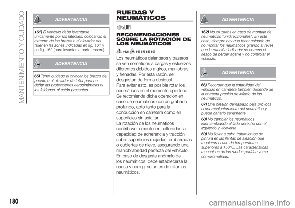 FIAT 500L LIVING 2019 Manual de Empleo y Cuidado (in Spanish) ADVERTENCIA
161)El vehículo debe levantarse
únicamente por los laterales, colocando el
extremo de los brazos o el elevador del
taller en las zonas indicadas en fig. 161y
en fig. 162 (para levantar l FIAT 500L LIVING 2019 Manual de Empleo y Cuidado (in Spanish) ADVERTENCIA
161)El vehículo debe levantarse
únicamente por los laterales, colocando el
extremo de los brazos o el elevador del
taller en las zonas indicadas en fig. 161y
en fig. 162 (para levantar l