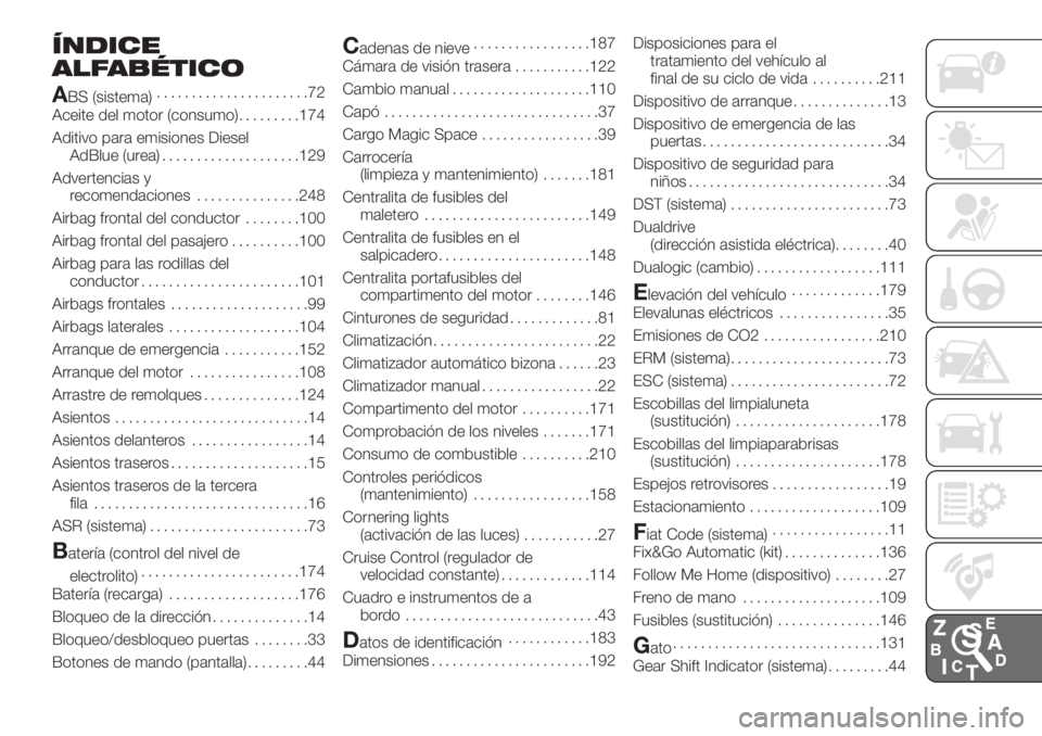 FIAT 500L LIVING 2019  Manual de Empleo y Cuidado (in Spanish) ÍNDICE
ALFABÉTICO
A
BS (sistema)......................72
Aceite del motor (consumo).........174
Aditivo para emisiones Diesel
AdBlue (urea)....................129
Advertencias y
recomendaciones.....