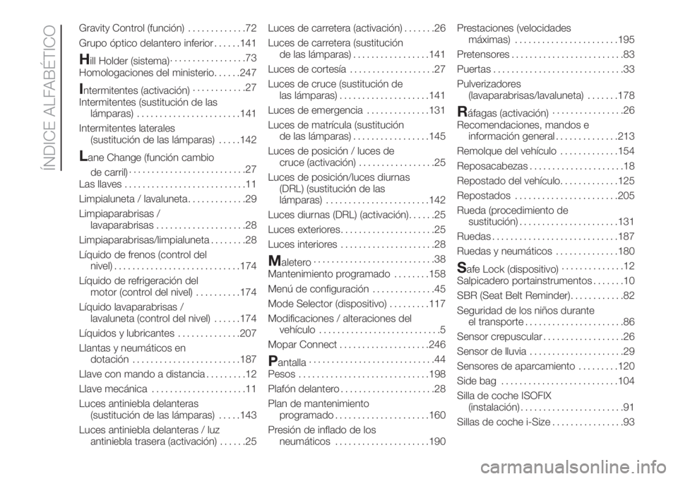 FIAT 500L LIVING 2019  Manual de Empleo y Cuidado (in Spanish) Gravity Control (función).............72
Grupo óptico delantero inferior......141
Hill Holder (sistema).................73
Homologaciones del ministerio......247
Intermitentes (activación).........