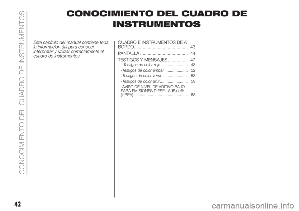FIAT 500L LIVING 2019 Manual de Empleo y Cuidado (in Spanish) CONOCIMIENTO DEL CUADRO DE
INSTRUMENTOS
Este capítulo del manual contiene toda
la información útil para conocer,
interpretar y utilizar correctamente el
cuadro de instrumentos.CUADRO E INSTRUMENTOS FIAT 500L LIVING 2019 Manual de Empleo y Cuidado (in Spanish) CONOCIMIENTO DEL CUADRO DE
INSTRUMENTOS
Este capítulo del manual contiene toda
la información útil para conocer,
interpretar y utilizar correctamente el
cuadro de instrumentos.CUADRO E INSTRUMENTOS