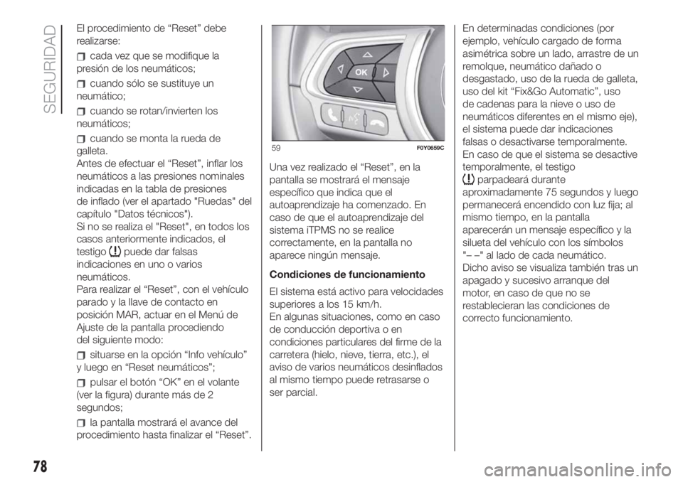 FIAT 500L LIVING 2019  Manual de Empleo y Cuidado (in Spanish) El procedimiento de “Reset” debe
realizarse:
cada vez que se modifique la
presión de los neumáticos;
cuando sólo se sustituye un
neumático;
cuando se rotan/invierten los
neumáticos;
cuando se