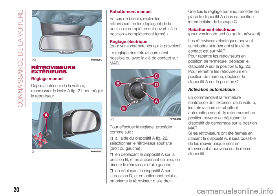 FIAT 500L LIVING 2018 Notice dentretien (in French) RÉTROVISEURS
EXTÉRIEURS
Réglage manuel
Depuis l'intérieur de la voiture,
manœuvrer le levier A fig. 21 pour régler
le rétroviseur.Rabattement manuel
En cas de besoin, replier les
rétrovise FIAT 500L LIVING 2018 Notice dentretien (in French) RÉTROVISEURS
EXTÉRIEURS
Réglage manuel
Depuis l'intérieur de la voiture,
manœuvrer le levier A fig. 21 pour régler
le rétroviseur.Rabattement manuel
En cas de besoin, replier les
rétrovise