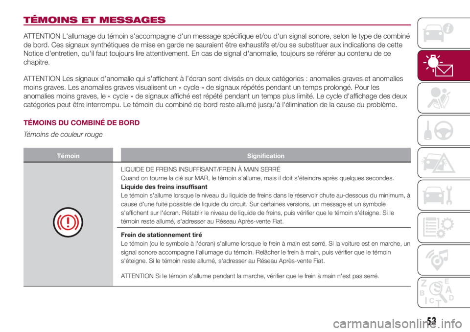 FIAT 500L LIVING 2018 Notice dentretien (in French) TÉMOINS ET MESSAGES
ATTENTION L'allumage du témoin s'accompagne d'un message spécifique et/ou d'un signal sonore, selon le type de combiné
de bord. Ces signaux synthétiques de mis FIAT 500L LIVING 2018 Notice dentretien (in French) TÉMOINS ET MESSAGES
ATTENTION L'allumage du témoin s'accompagne d'un message spécifique et/ou d'un signal sonore, selon le type de combiné
de bord. Ces signaux synthétiques de mis