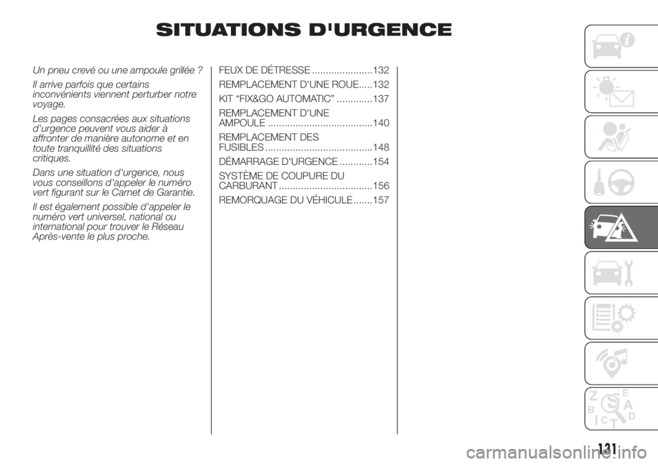 FIAT 500L LIVING 2019 Notice dentretien (in French) SITUATIONS D'URGENCE
Un pneu crevé ou une ampoule grillée ?
Il arrive parfois que certains
inconvénients viennent perturber notre
voyage.
Les pages consacrées aux situations
d'urgence peuv FIAT 500L LIVING 2019 Notice dentretien (in French) SITUATIONS D'URGENCE
Un pneu crevé ou une ampoule grillée ?
Il arrive parfois que certains
inconvénients viennent perturber notre
voyage.
Les pages consacrées aux situations
d'urgence peuv
