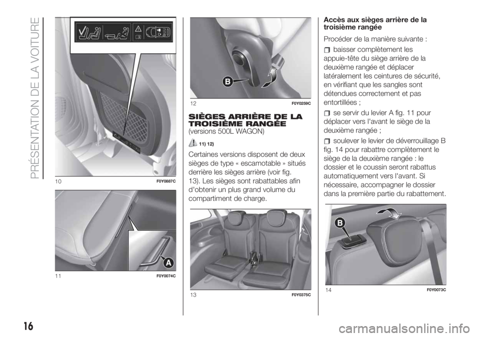 FIAT 500L LIVING 2019  Notice dentretien (in French) SIÈGES ARRIÈRE DE LA
TROISIÈME RANGÉE
(versions 500L WAGON)
11) 12)
Certaines versions disposent de deux
sièges de type « escamotable » situés
derrière les sièges arrière (voir fig.
13). Le