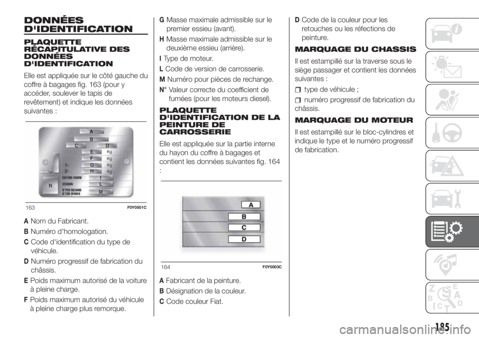FIAT 500L LIVING 2019 Notice dentretien (in French) DONNÉES
D'IDENTIFICATION
PLAQUETTE
RÉCAPITULATIVE DES
DONNÉES
D'IDENTIFICATION
Elle est appliquée sur le côté gauche du
coffre à bagages fig. 163 (pour y
accéder, soulever le tapis de
FIAT 500L LIVING 2019 Notice dentretien (in French) DONNÉES
D'IDENTIFICATION
PLAQUETTE
RÉCAPITULATIVE DES
DONNÉES
D'IDENTIFICATION
Elle est appliquée sur le côté gauche du
coffre à bagages fig. 163 (pour y
accéder, soulever le tapis de