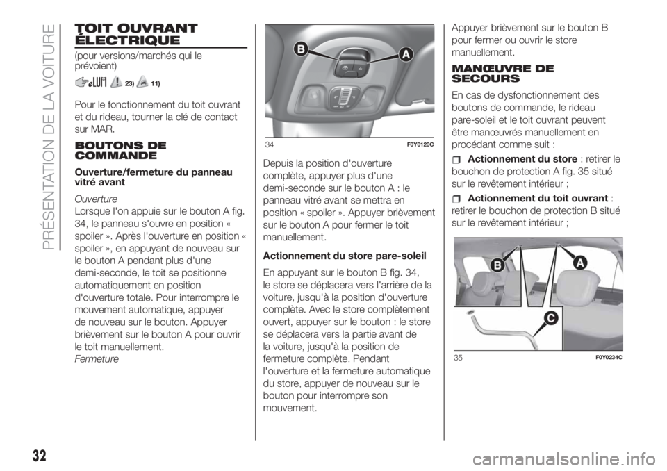FIAT 500L LIVING 2019 Notice dentretien (in French) TOIT OUVRANT
ÉLECTRIQUE
(pour versions/marchés qui le
prévoient)
23)11)
Pour le fonctionnement du toit ouvrant
et du rideau, tourner la clé de contact
sur MAR.
BOUTONS DE
COMMANDE
Ouverture/fermet FIAT 500L LIVING 2019 Notice dentretien (in French) TOIT OUVRANT
ÉLECTRIQUE
(pour versions/marchés qui le
prévoient)
23)11)
Pour le fonctionnement du toit ouvrant
et du rideau, tourner la clé de contact
sur MAR.
BOUTONS DE
COMMANDE
Ouverture/fermet