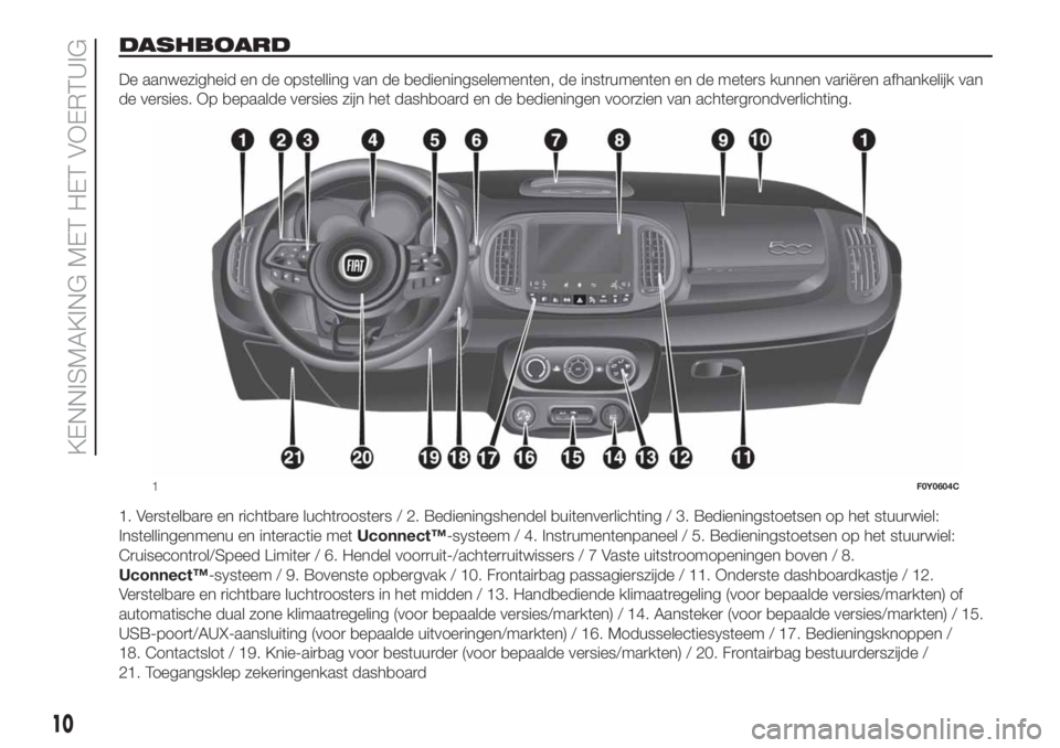 FIAT 500L LIVING 2019  Instructieboek (in Dutch) DASHBOARD
De aanwezigheid en de opstelling van de bedieningselementen, de instrumenten en de meters kunnen variëren afhankelijk van
de versies. Op bepaalde versies zijn het dashboard en de bedieninge