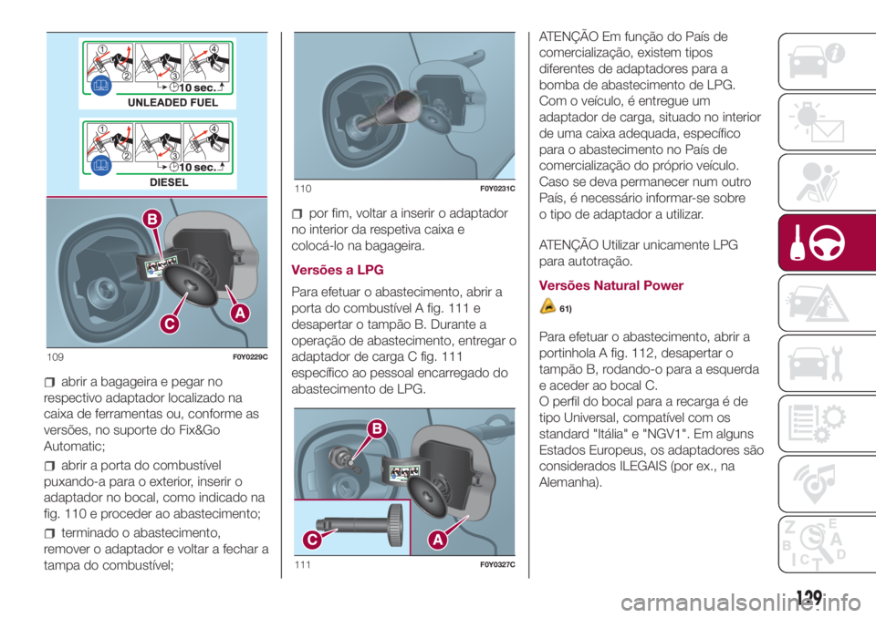 FIAT 500L LIVING 2018 Manual de Uso e Manutenção (in Portuguese) abrir a bagageira e pegar no
respectivo adaptador localizado na
caixa de ferramentas ou, conforme as
versões, no suporte do Fix&Go
Automatic;
abrir a porta do combustível
puxando-a para o exterior, FIAT 500L LIVING 2018 Manual de Uso e Manutenção (in Portuguese) abrir a bagageira e pegar no
respectivo adaptador localizado na
caixa de ferramentas ou, conforme as
versões, no suporte do Fix&Go
Automatic;
abrir a porta do combustível
puxando-a para o exterior,