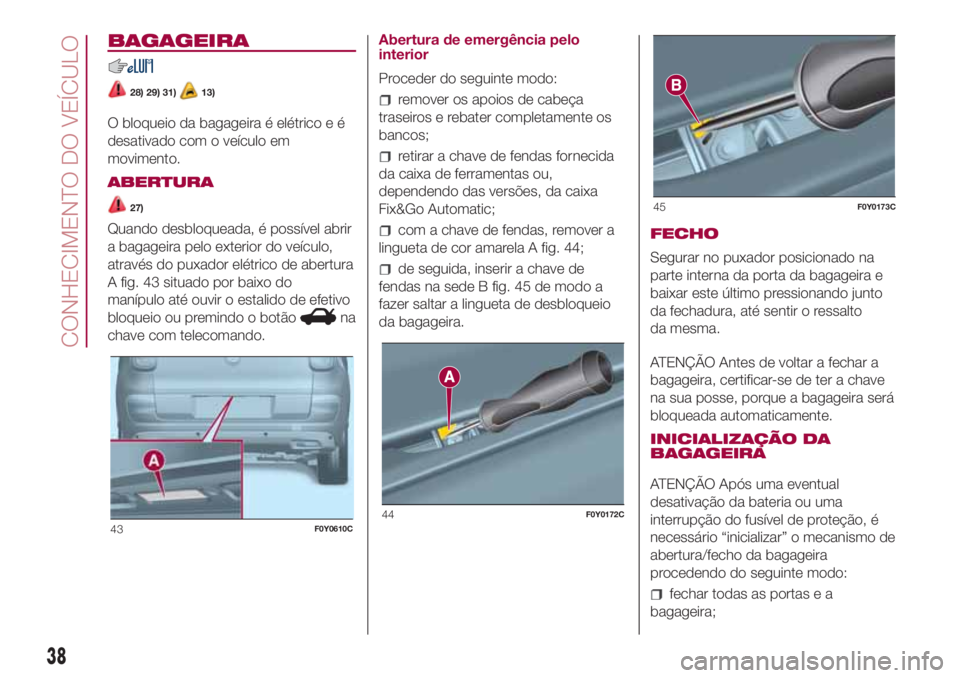 FIAT 500L LIVING 2018 Manual de Uso e Manutenção (in Portuguese) BAGAGEIRA
28) 29) 31)13)
O bloqueio da bagageira é elétrico e é
desativado com o veículo em
movimento.
ABERTURA
27)
Quando desbloqueada, é possível abrir
a bagageira pelo exterior do veículo,
a FIAT 500L LIVING 2018 Manual de Uso e Manutenção (in Portuguese) BAGAGEIRA
28) 29) 31)13)
O bloqueio da bagageira é elétrico e é
desativado com o veículo em
movimento.
ABERTURA
27)
Quando desbloqueada, é possível abrir
a bagageira pelo exterior do veículo,
a